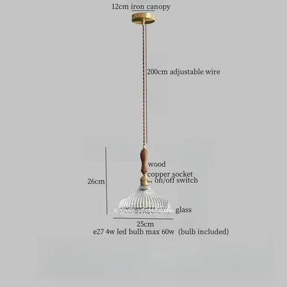 Vintage-style decorbites clear glass led pendant light with brass iron canopy, wooden handle, and copper socket for bedroom