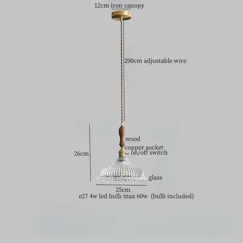 Vintage-style decorbites clear glass led pendant light with brass iron canopy, wooden handle, and copper socket for bedroom