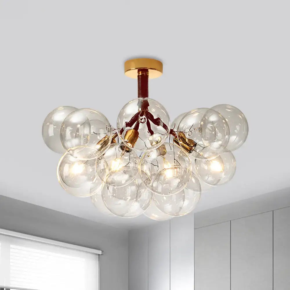 Decorbites clear glass semi flush ceiling light with brass accents and warm bulbs for foyer and corridor illumination