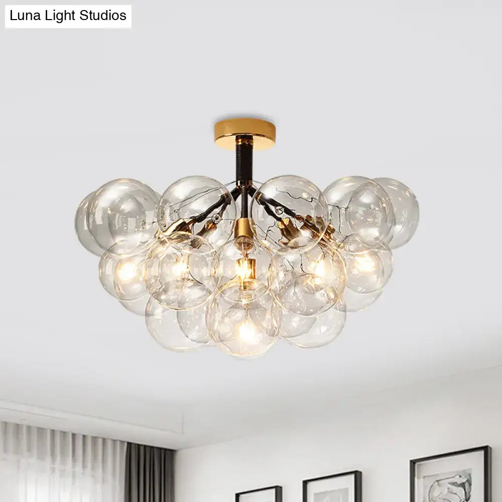 Decorbites™ clear glass semi flush ceiling light with brass accents and exposed filament bulbs for foyer illumination