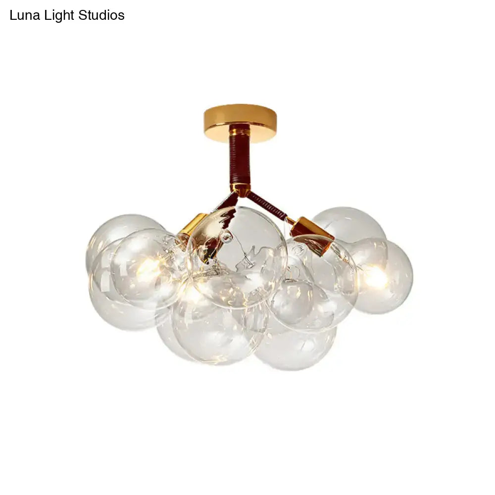 Modern DecorBites semi flush ceiling light with clear glass bubbles and brass accents for foyer and corridor illumination