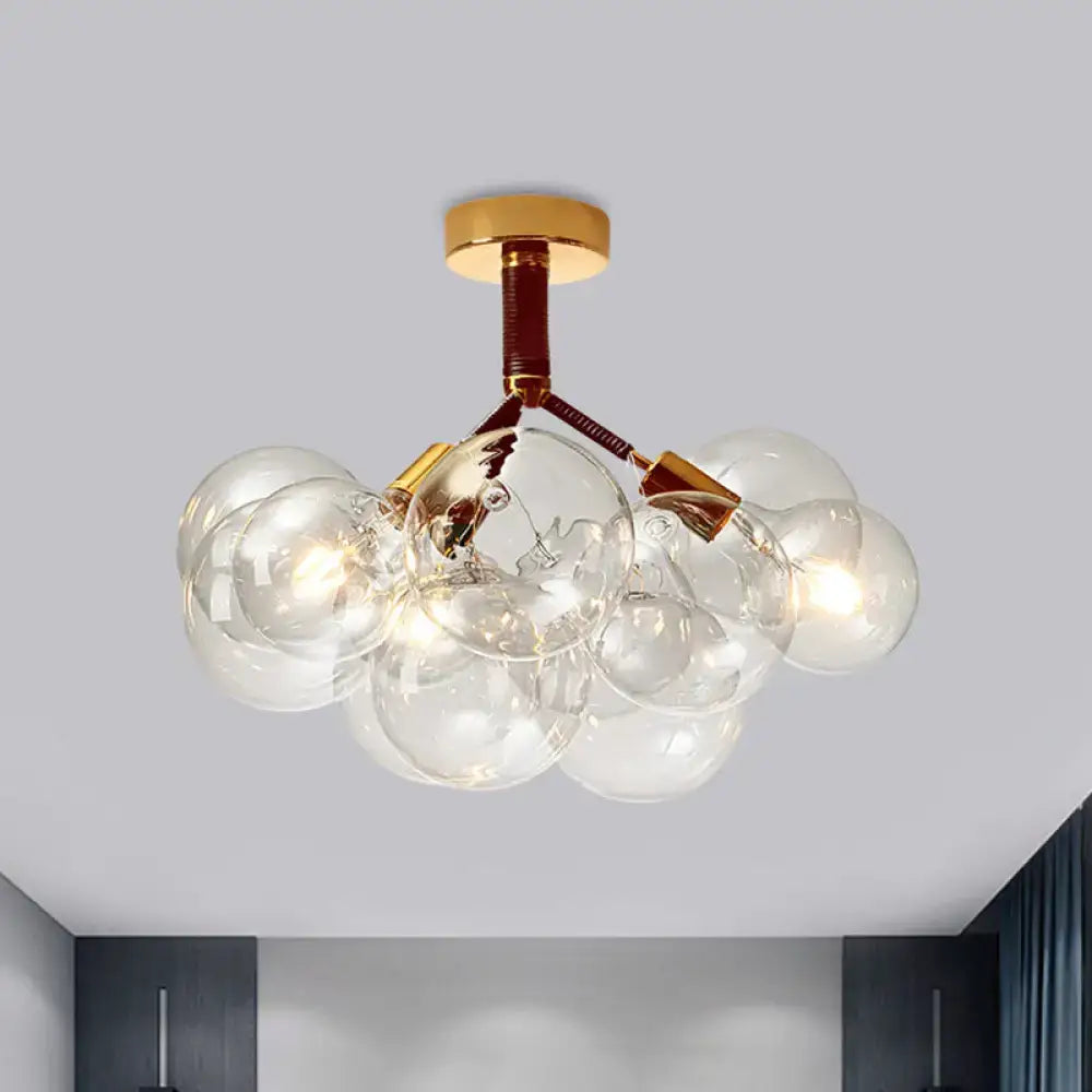 DecorBites clear glass semi flush ceiling light with brass hub and glass spheres for foyer and corridor illumination