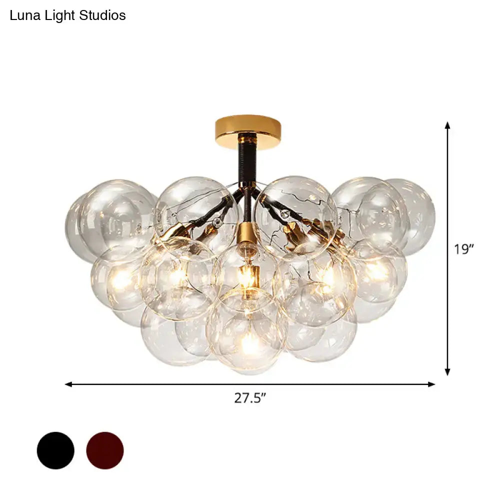 Gold-toned decorbites semi flush ceiling light with clear glass spheres for contemporary foyer and corridor illumination
