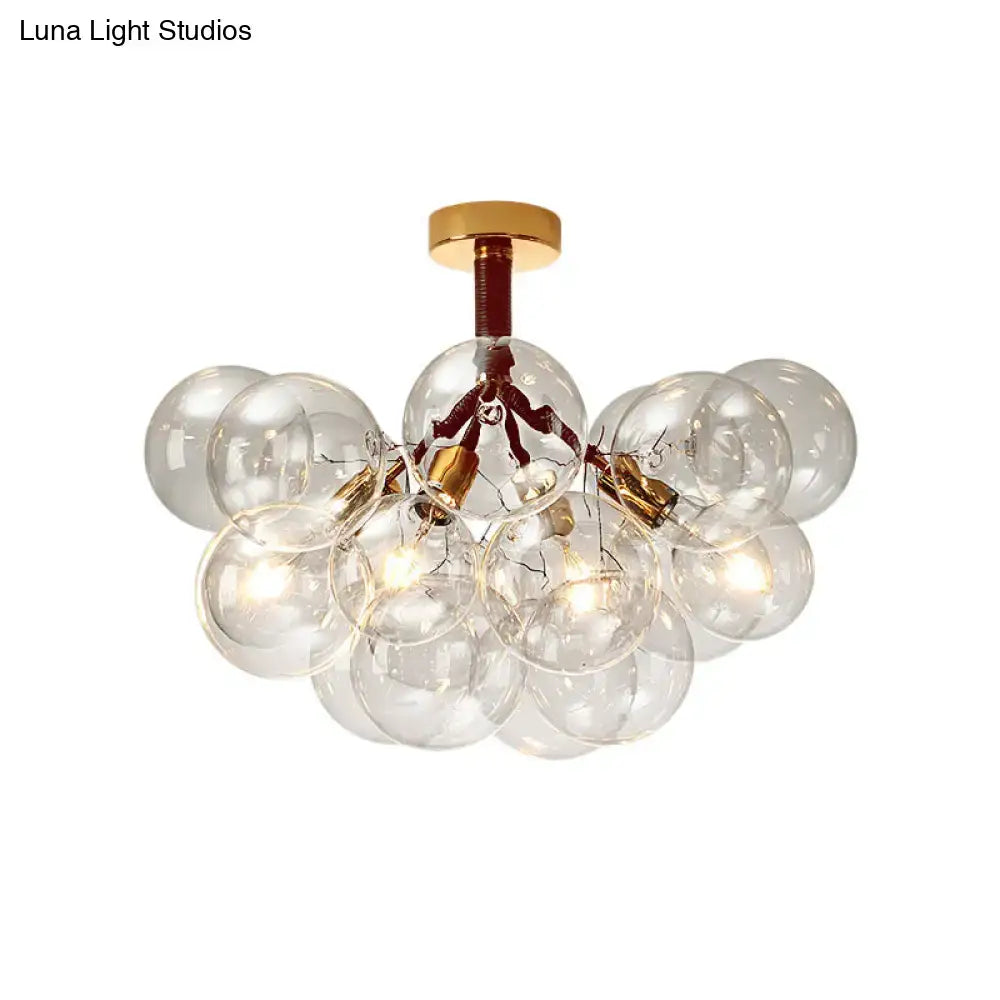 DecorBites clear glass semi flush ceiling light with brass accents and exposed filament bulbs for foyer illumination