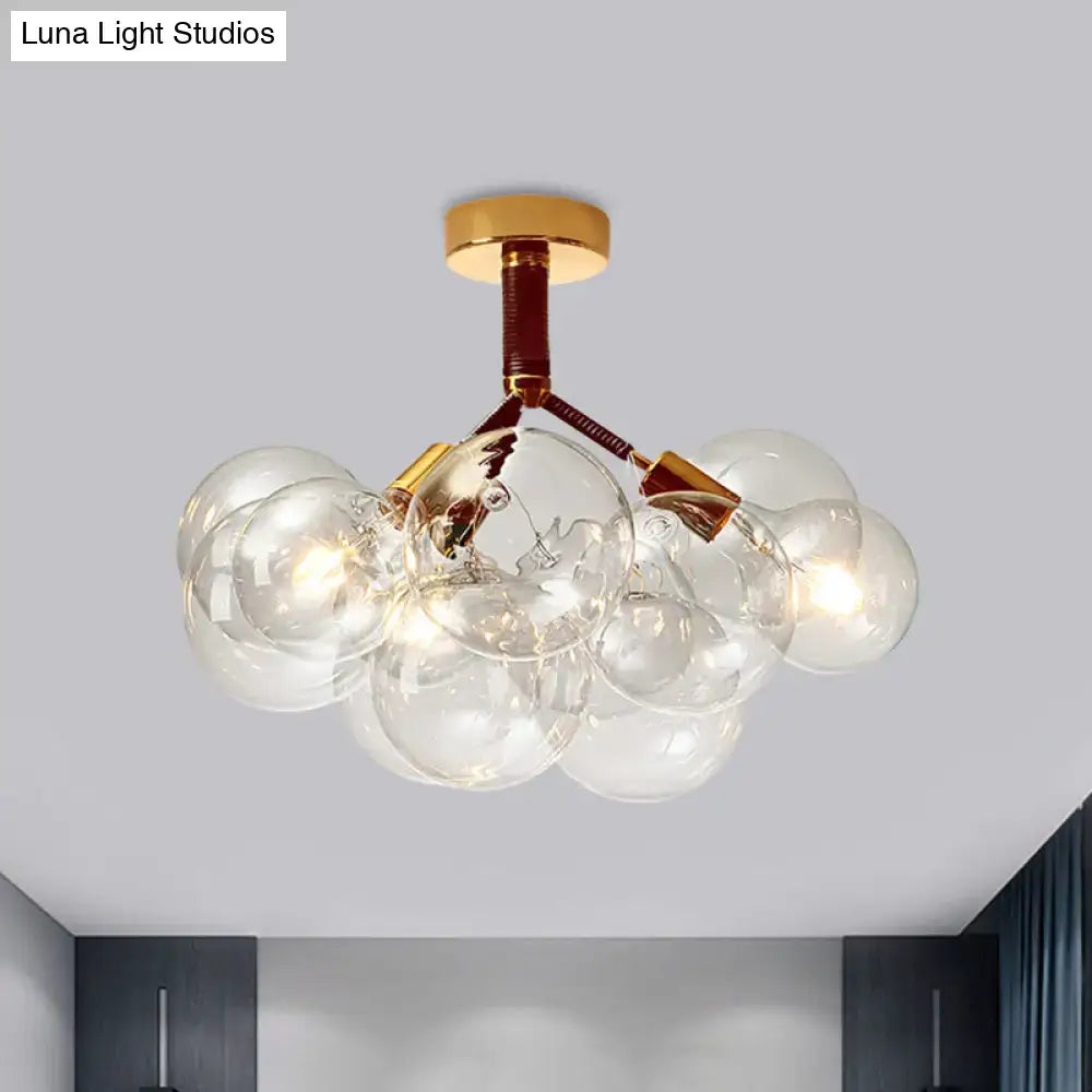DecorBites™ clear glass semi flush ceiling light with brass arms and gold base for foyer and corridor illumination