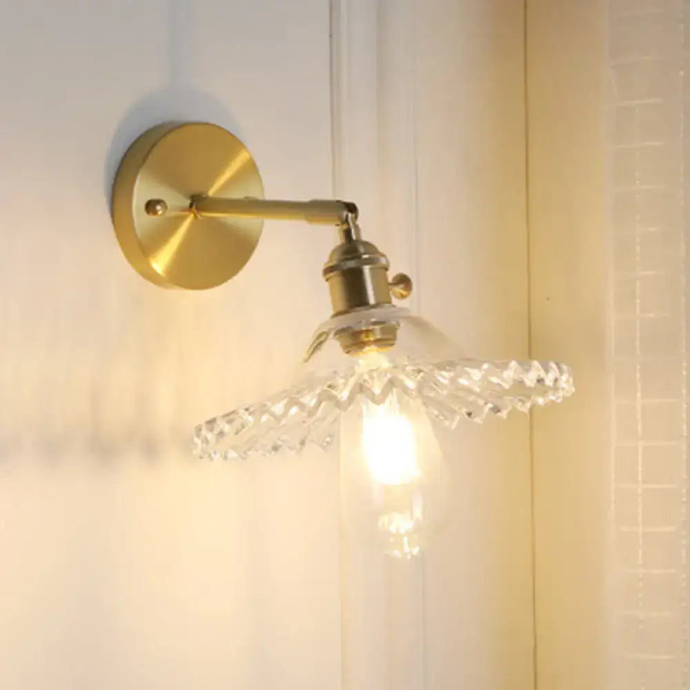 Industrial brass clear glass wall sconce with scalloped shade and exposed e26 e27 bulb for living room lighting
