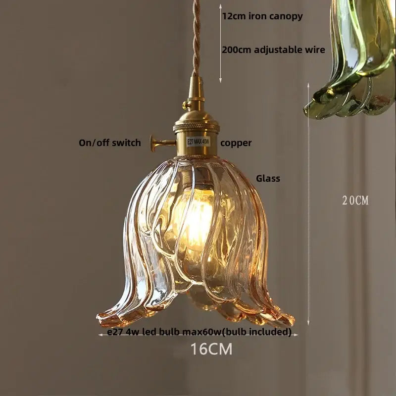 Warm amber glass pendant light with brass copper switch and iron canopy for dining room by decorbites clear leaf