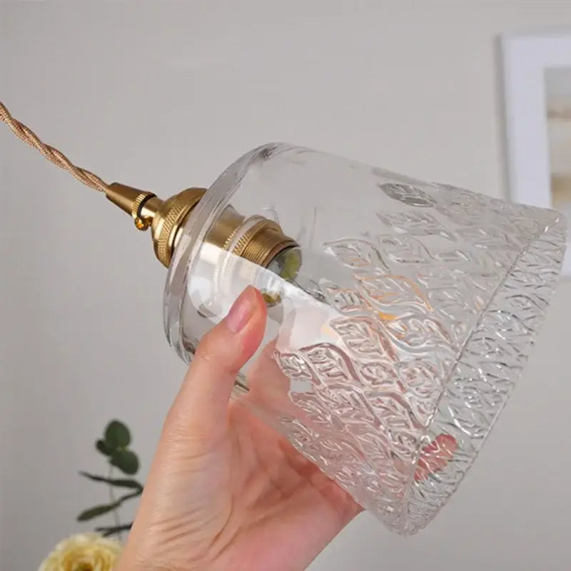 Decorbites clear leaf gold textured glass pendant light with intricate leaf etching and brass socket for dining room