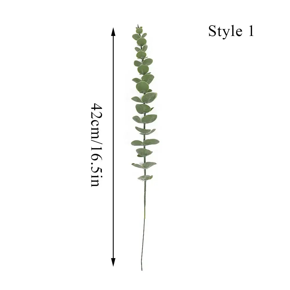 Decorbites™ clear nordic plastic vase holding a 42cm artificial eucalyptus stem with round green leaves for hydroponic flowers