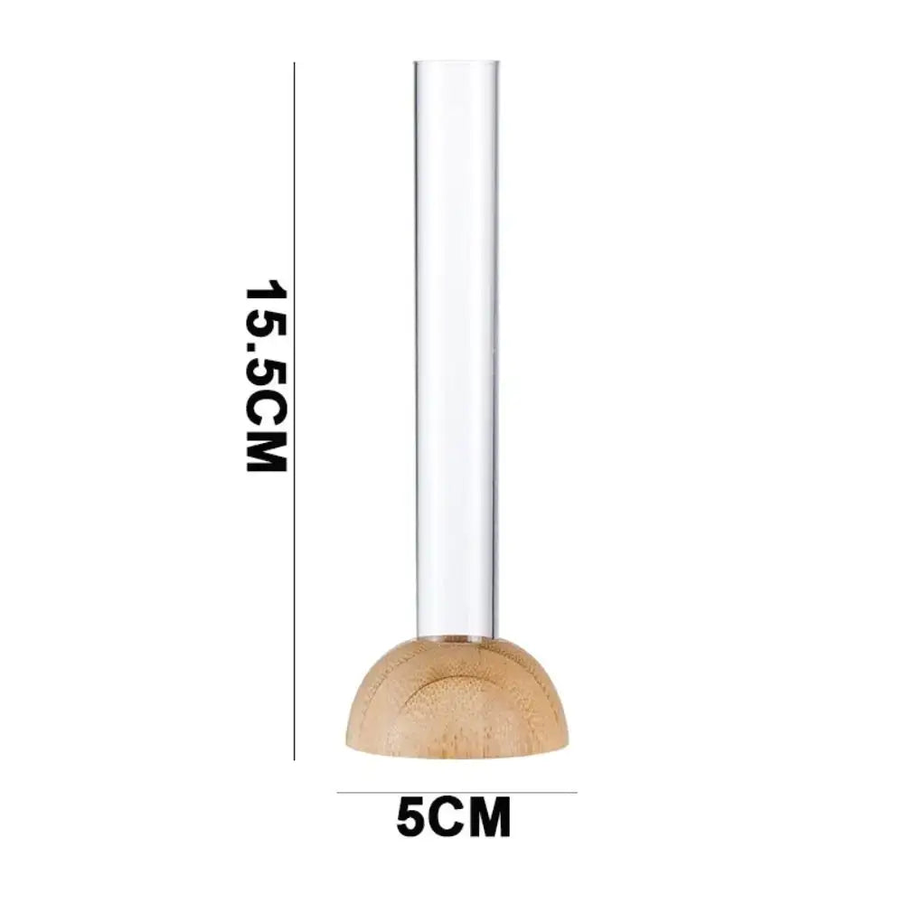 DecorBites™ clear plastic test tube vase with light brown wooden base 15.5cm tall for home decor use