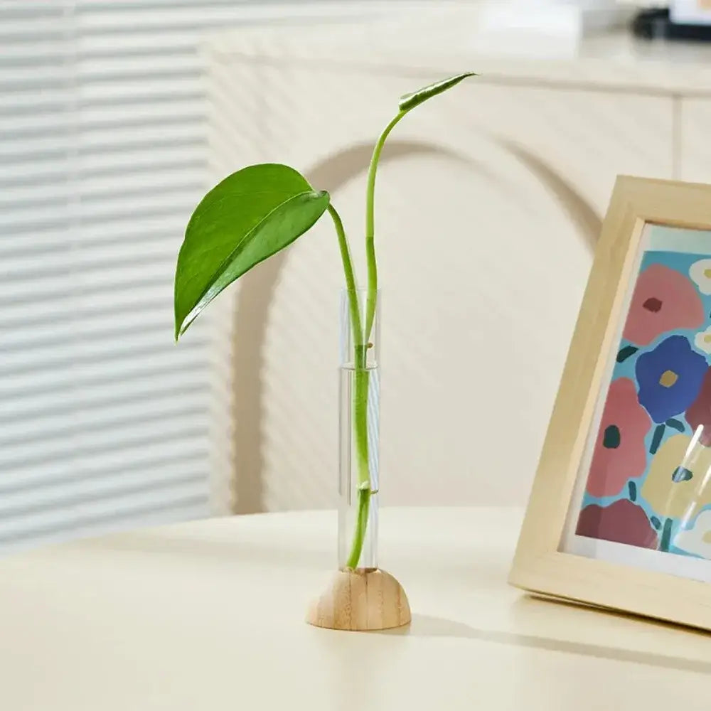 DecorBites clear plastic test tube vase with wooden base holding a green leafy stem for home decor