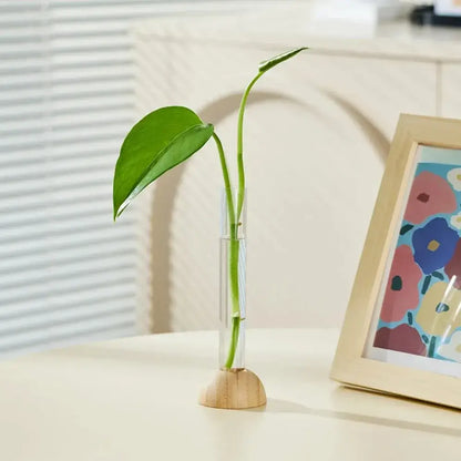DecorBites clear plastic test tube vase with wooden base holding a green leafy stem for home decor