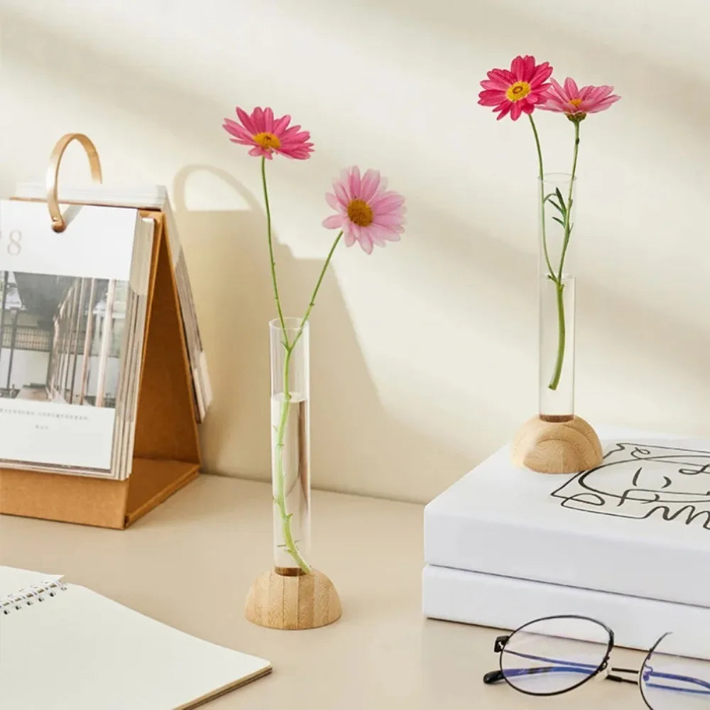 Clear Vase with Bamboo Base Tabletop Decoration - 1Set - Vase