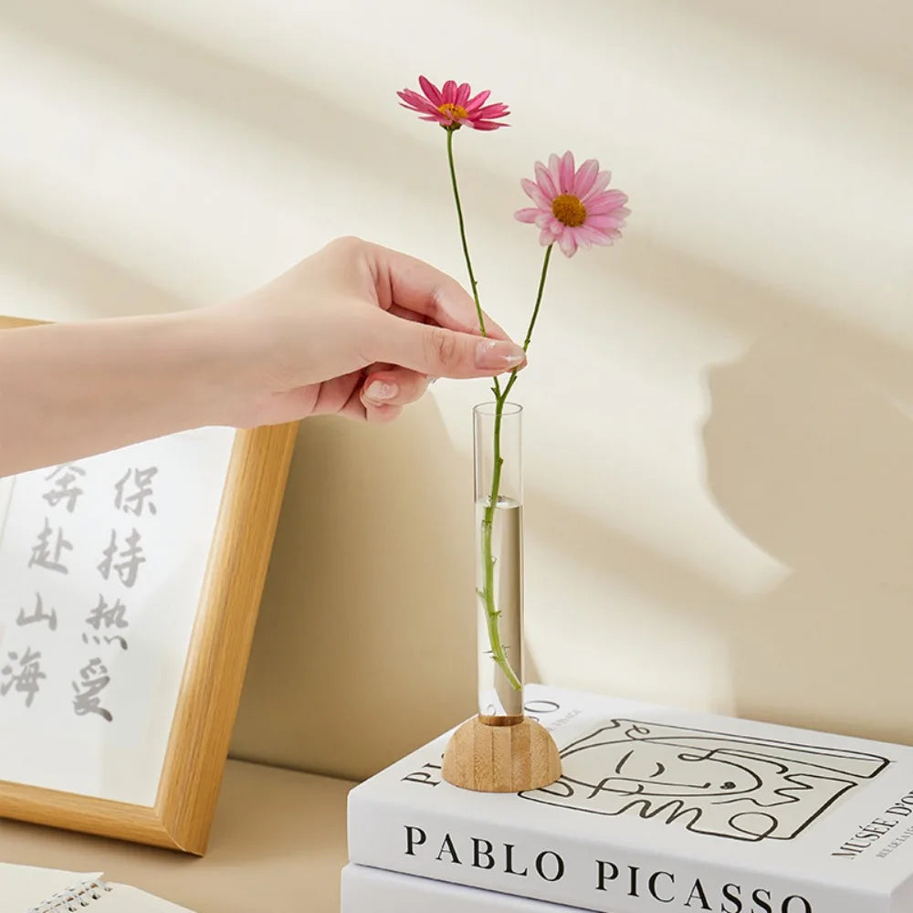 Clear Vase with Bamboo Base Tabletop Decoration - 1Set - Vase