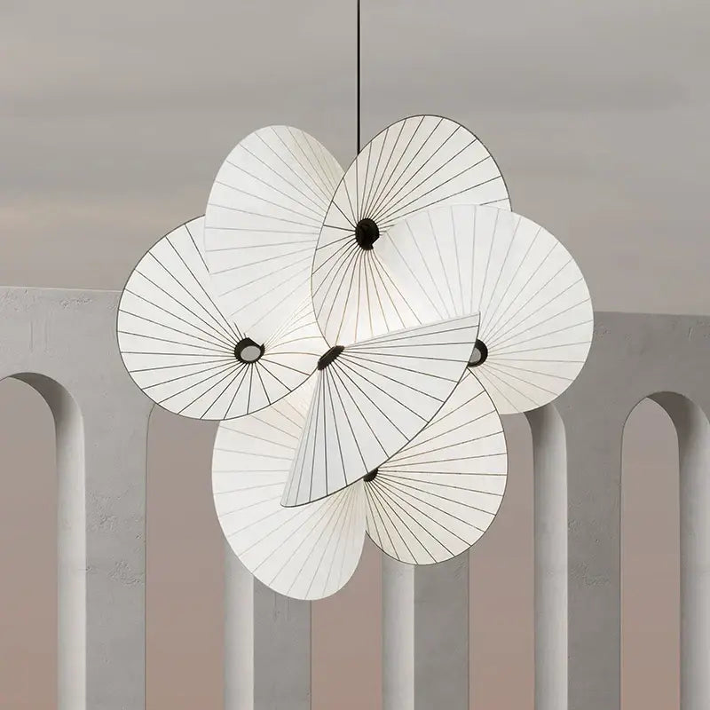White paper fan-shaped decorbites cloth minimalist led chandelier with black radial lines for dining room lighting
