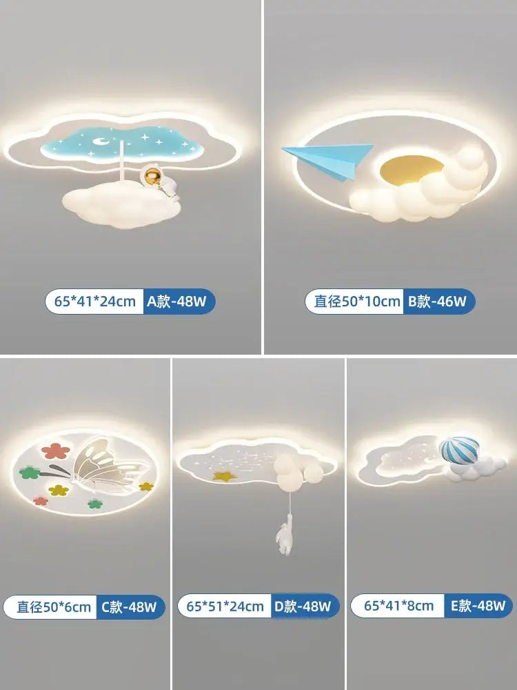 Decorbites cloud airplane chandelier with blue and white cloud-shaped lights featuring stars moons and delicate details