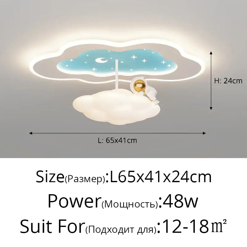 Decorbites cloud airplane chandelier with soft white and blue LED lights featuring an astronaut on a cloud design
