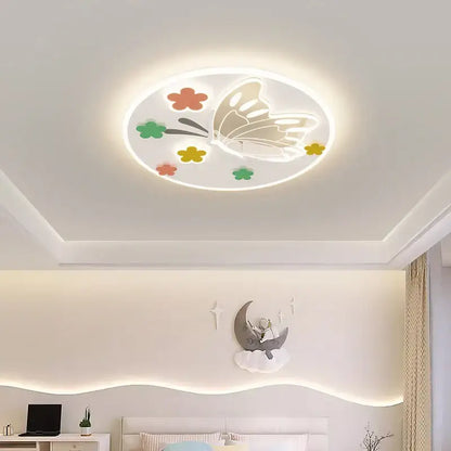 Circular decorbites cloud airplane chandelier with glowing white frame and beige butterfly in colorful floral cutouts