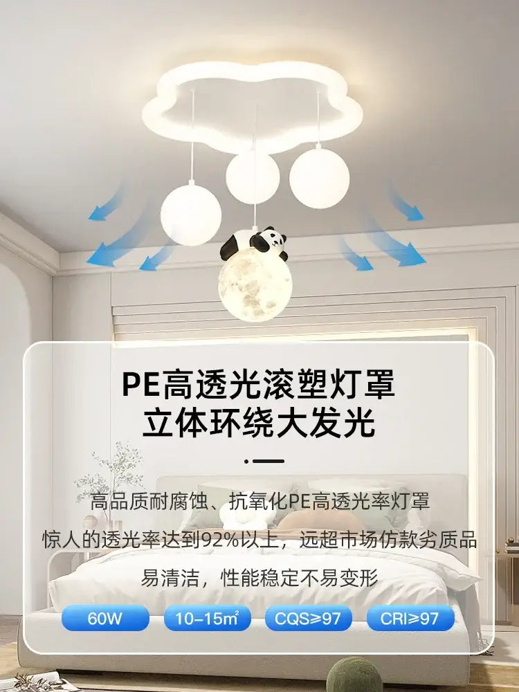White cloud-shaped ceiling light with three spherical bulbs and panda-themed moon pendant by decorbites cloud bubble ball