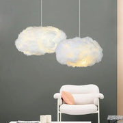 Two fluffy cloud led pendant lights by decorbites in white and pale yellow for bedroom illumination