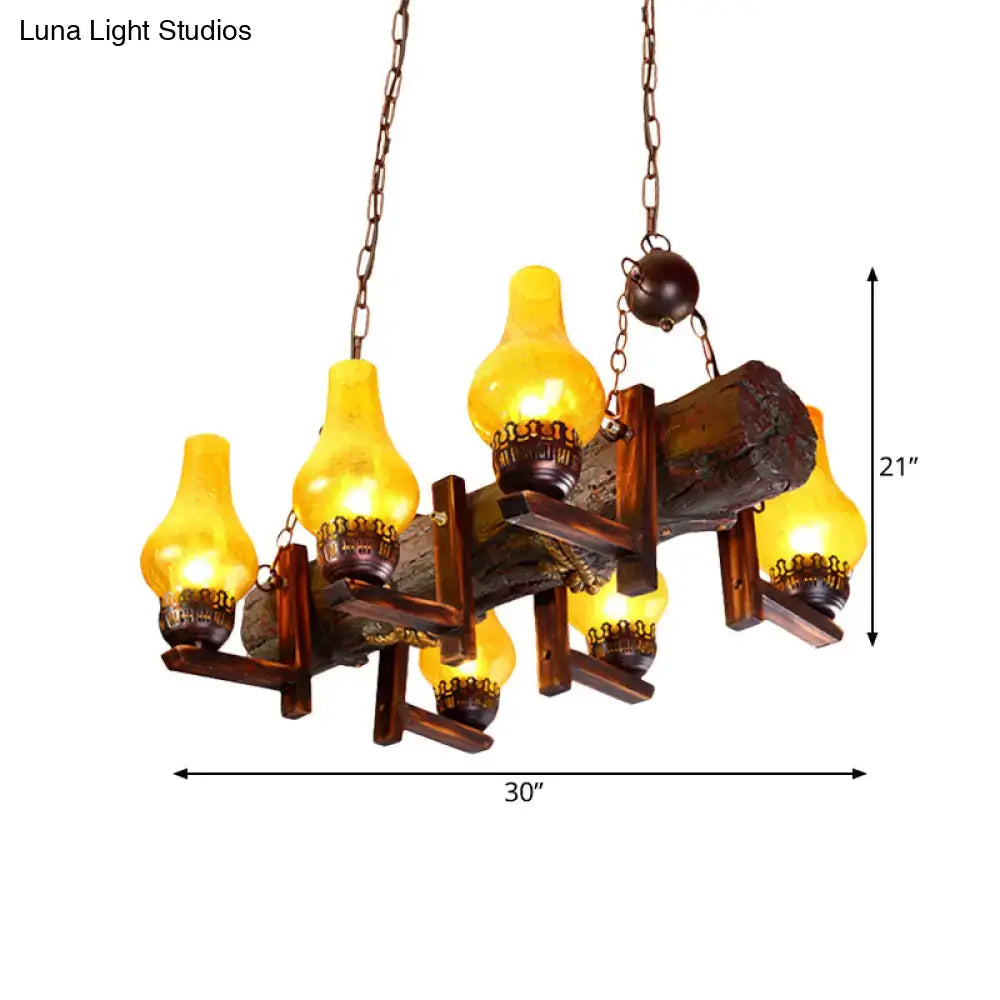 Rustic wooden log chandelier with amber lamps and yellow crackle glass vase shade by decorbites coastal brown island pendant lamp