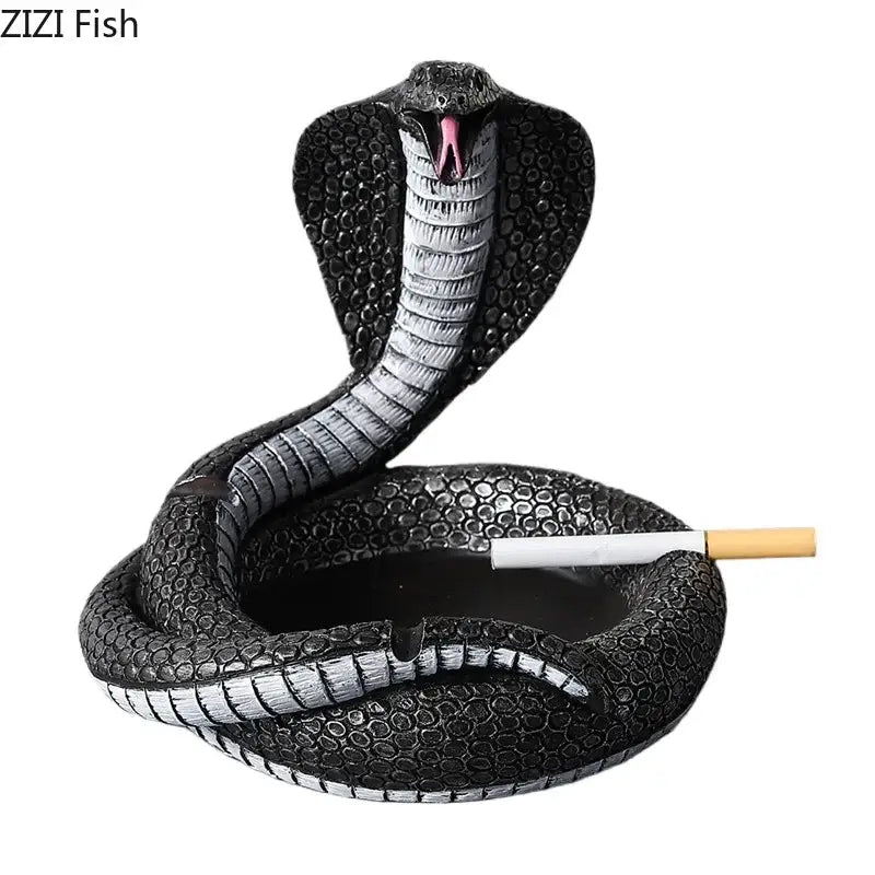 Decorbites cobra ashtray black and silver resin with textured scales holding cigarette in coils office smoking accessory