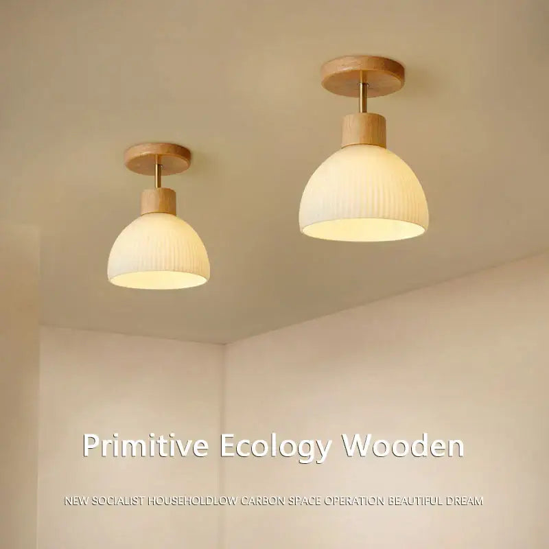Minimalist decorbites coco wood ceiling chandelier with warm cream ribbed glass shade and natural wood accents
