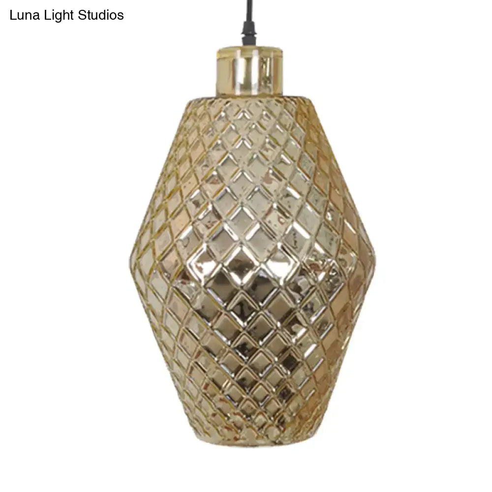 Gold-toned mercury glass pendant light fixture with geometric diamond pattern for stylish living room hanging light fixture