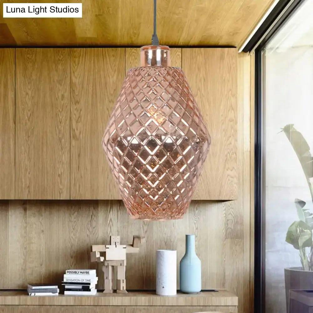 DecorBites™ colonial copper gold glass jar pendant light fixture with rose gold diamond-cut pattern hanging light fixture