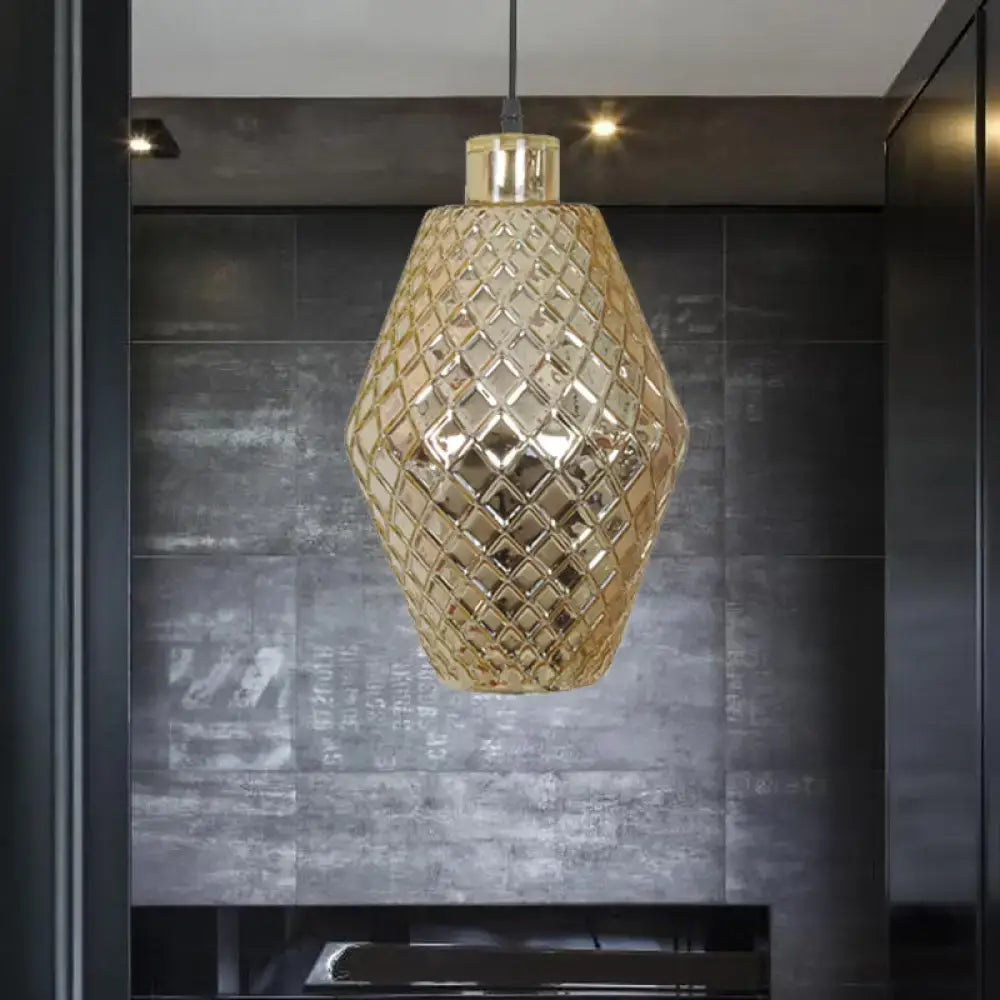 DecorBites™ colonial copper gold glass jar pendant light fixture with diamond-patterned faceted design hanging light fixture
