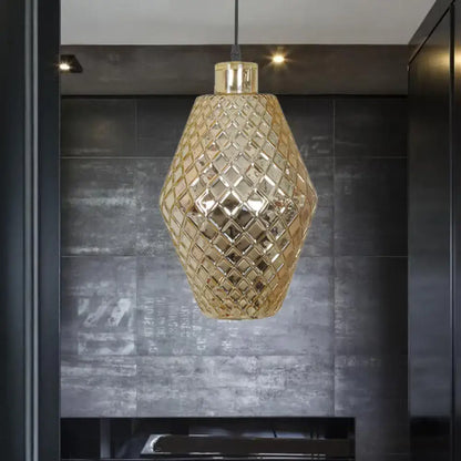 DecorBites™ colonial copper gold glass jar pendant light fixture with diamond-patterned faceted design hanging light fixture