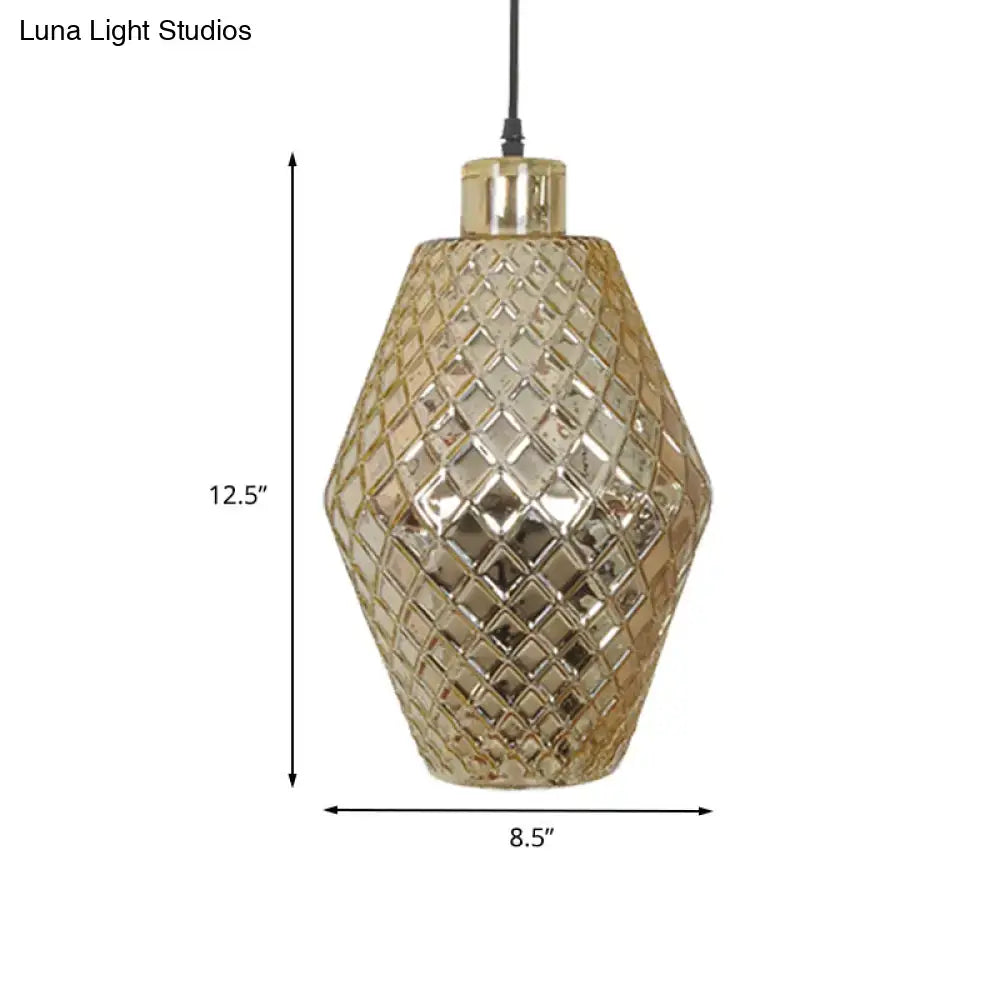 Gold-toned DecorBites™ colonial copper gold hanging light fixture with diamond-patterned textured glass shade