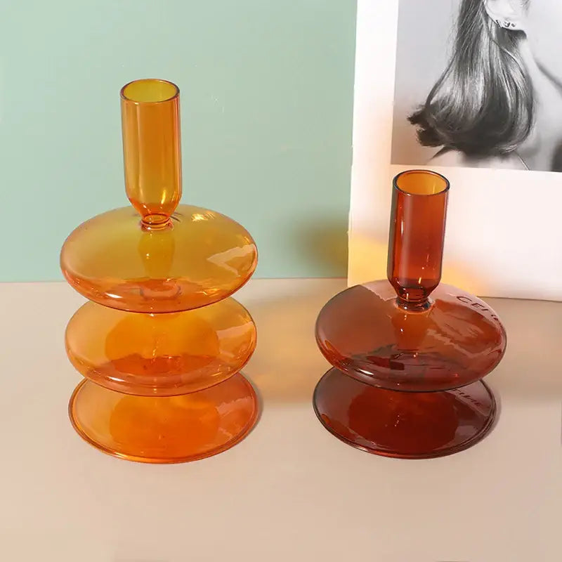 Decorbites™ amber glass vase with two tiered stacked design for stylish home decor and modern glass vase display