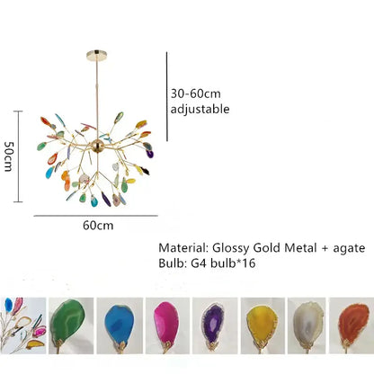 A vibrant decorbites colorful agate chandelier with glossy gold metal arms and multicolored agate slices for dining room and bedroom