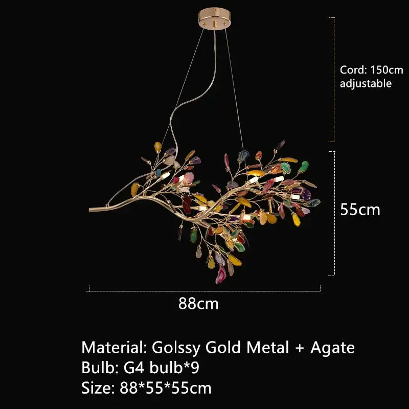 Decorbites colorful agate chandelier with gold metal frame and vibrant agate leaves for dining room and bedroom