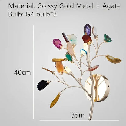 Decorbites colorful agate wall sconce with tree design and multicolored agate stones on gold metal base for dining and bedroom
