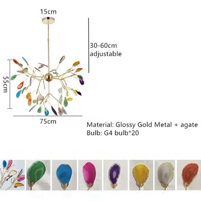 A vibrant decorbites colorful agate chandelier with glossy gold metal arms and multicolored agate slices for dining room and bedroom