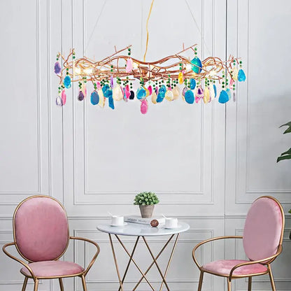 A decorbites colorful agate chandelier with copper-toned branches and multicolored glass pendants for dining room and bedroom