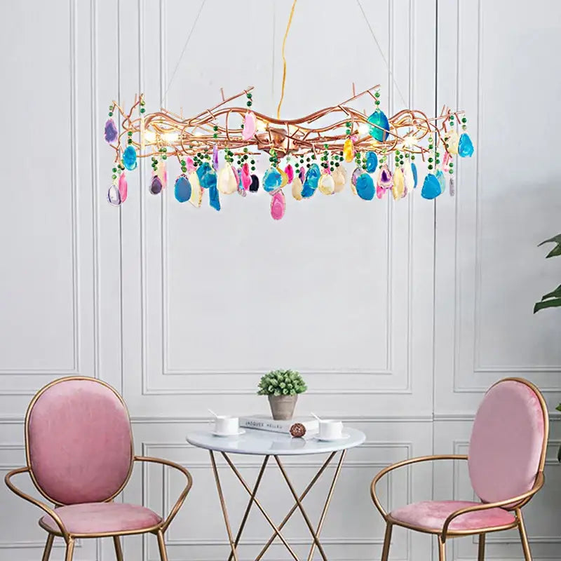 A decorbites colorful agate chandelier with copper-toned branches and multicolored glass pendants for dining room and bedroom