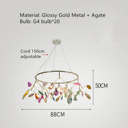 Glossy gold metal decorbites colorful agate chandelier with leaf-shaped pendant lights for dining room and bedroom