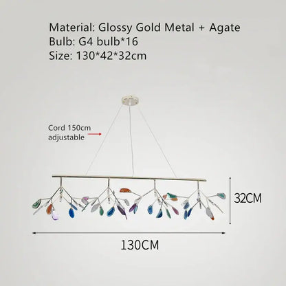 Glossy gold metal decorbites colorful agate chandelier with colorful leaf-like agate pendant charms for dining room
