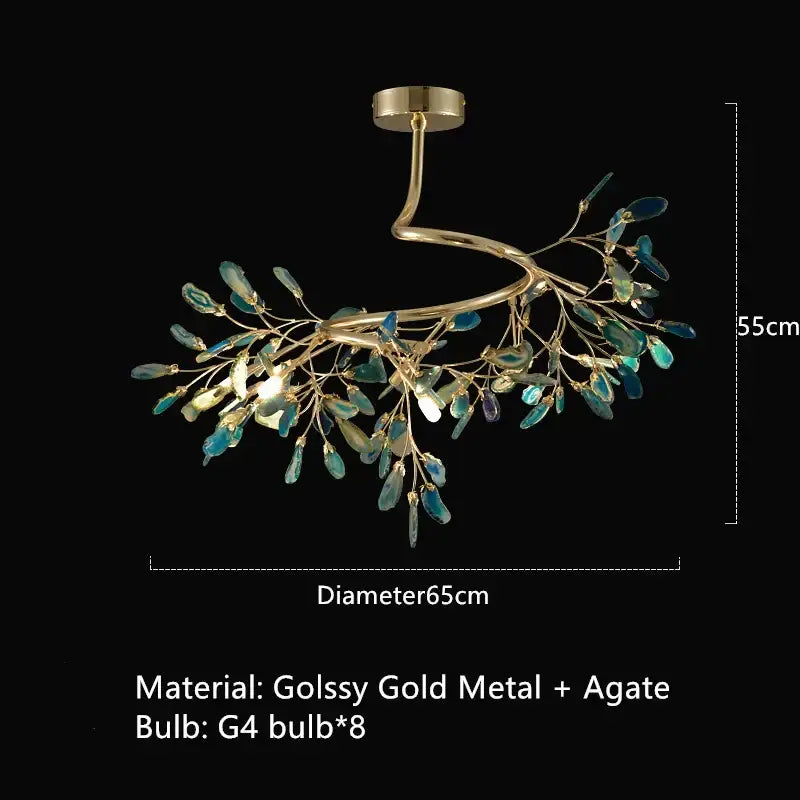 A decorbites colorful agate chandelier with a gold metal frame and teal agate leaves for dining room and bedroom
