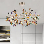 Decorbites colorful agate led bedroom pendant light with vibrant amber teal purple gold glass leaf chandelier