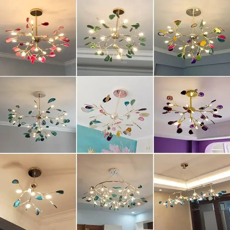 Decorbites colorful agate led leaf chandelier features colorful leaf-shaped glass pendants with gold-toned metal arms