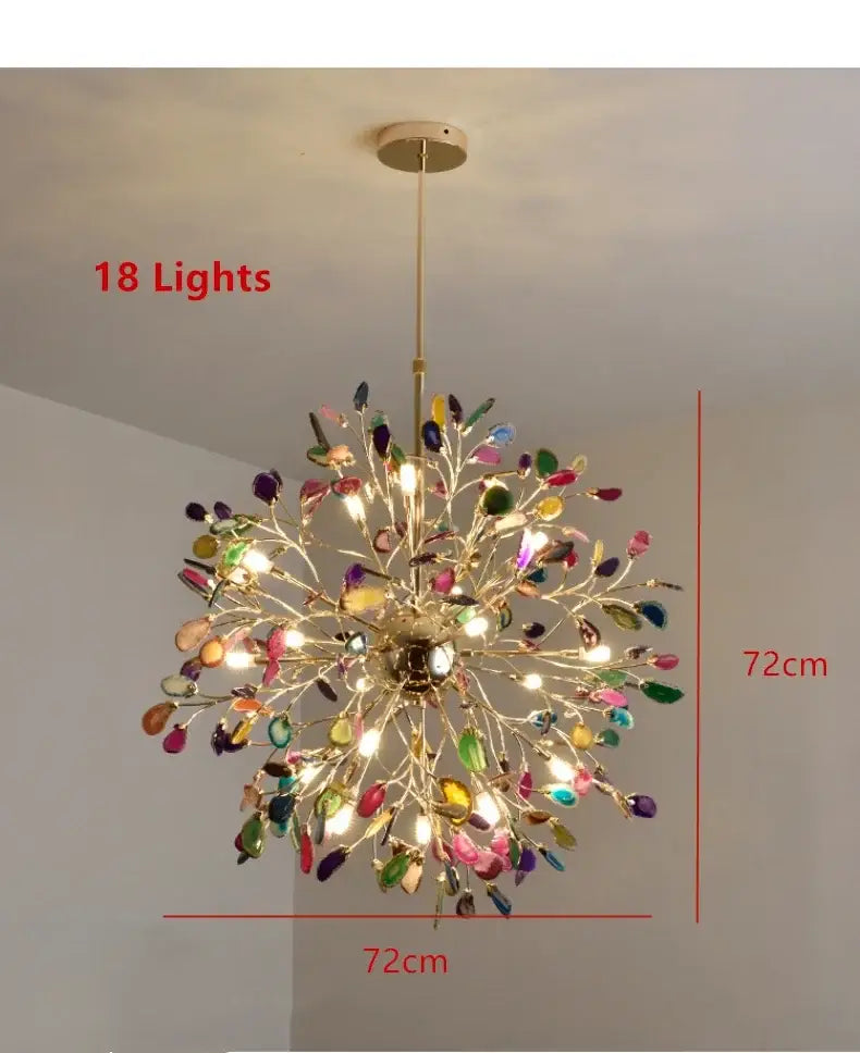 Decorbites colorful agate led leaf chandelier with 18 lights and golden metal branches featuring multicolored gemstone leaves