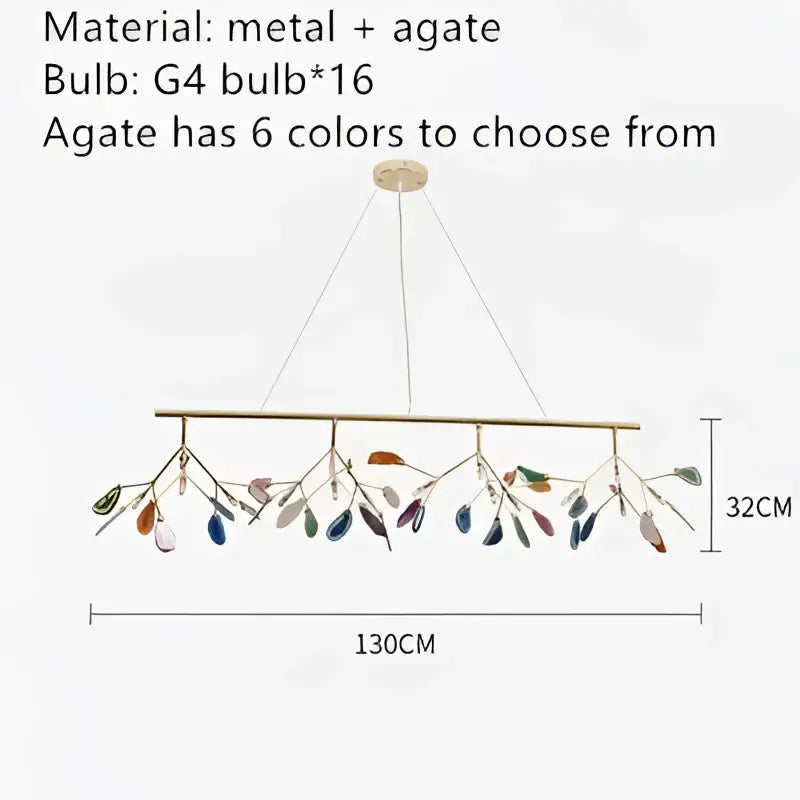 A modern 130cm decorbites colorful agate led leaf chandelier with gold metal frame and six color agate accents for bedroom