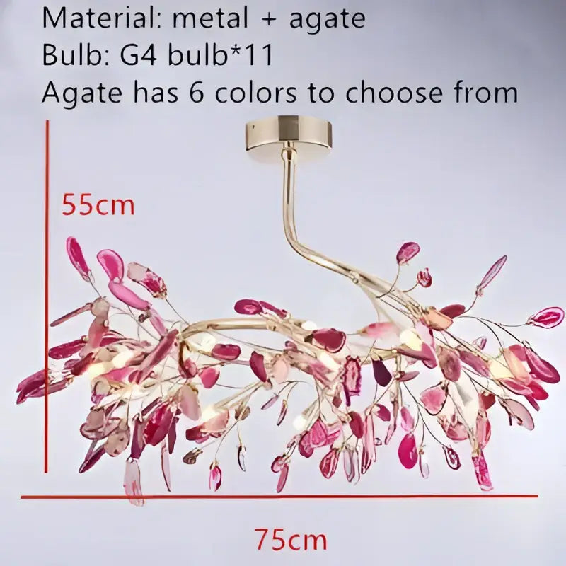 Decorbites colorful agate led leaf chandelier with pink and clear agate leaves on gold frame for bedroom pendant light