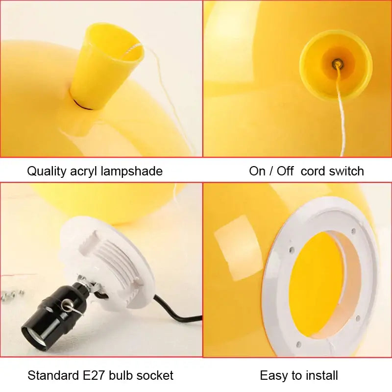 Bright yellow acrylic lampshade with white mounting ring and black socket in decorbites colorful balloon ceiling lamp