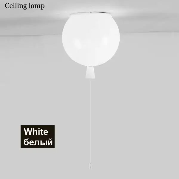 White spherical ceiling lamp with minimalist design and thin pull cord in decorbites colorful balloon ceiling collection