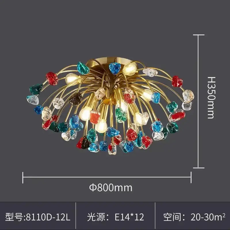 Decorbites colorful crystal chandelier dining room pendant light with gold-toned fixture and multicolored faceted glass beads
